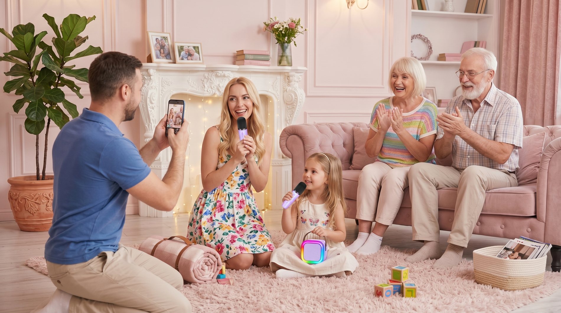 Family singing together with an IROO mini karaoke machine