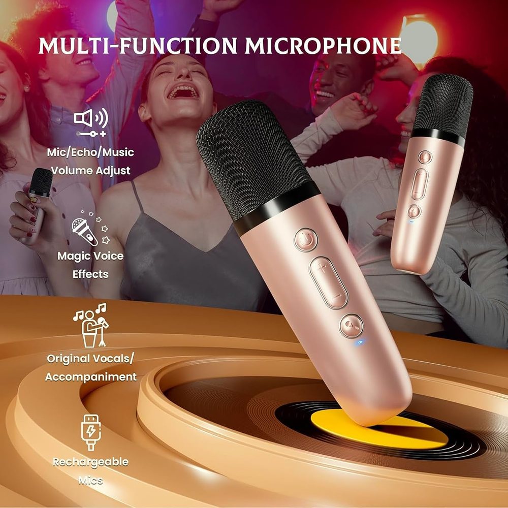 IROO Mini Karaoke Machine, Rose Gold, 2 Wireless Mics, view 4